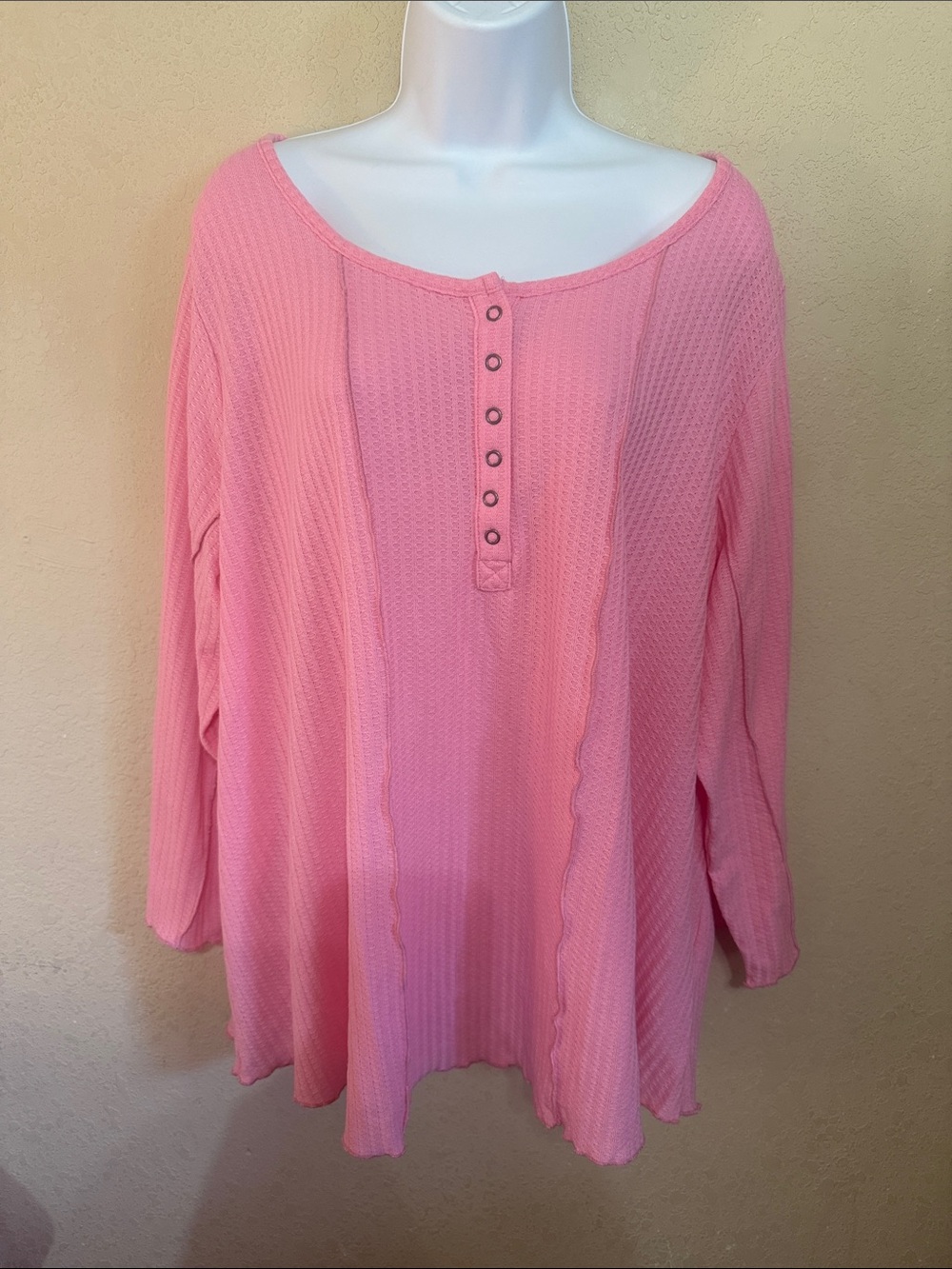 Cato Pink Long Sleeve Waffle Henley Top